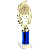 GOLD/BLUE PLASTIC 'LAUREL' HOLDER ASSEMBLED ON MARBLE (2" CEN/3" TUBE) - 10in